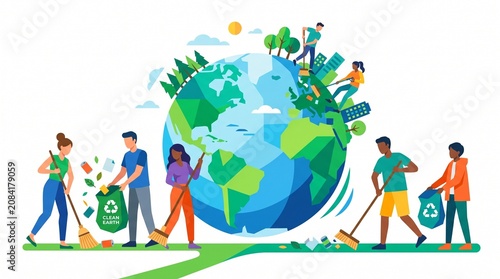Eco friendly team, people cleaning earth, green globe, recycling, environmental conservation