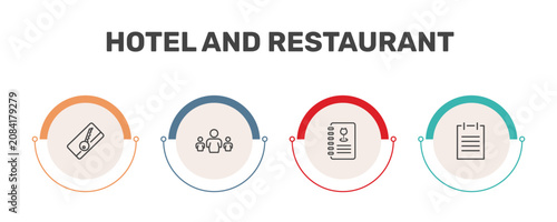 hotel and restaurant icon set with key card, people, wine menu, agenda signs in flat outline style