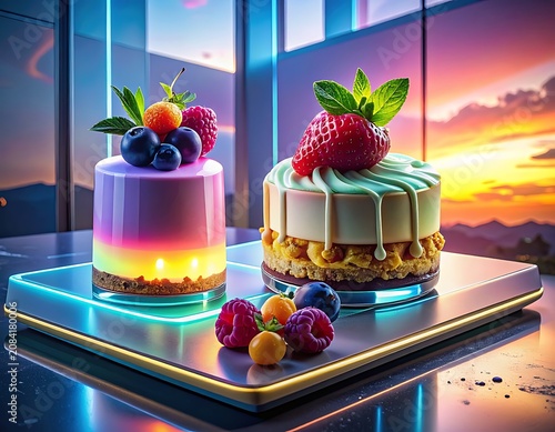 Two dessert cakes with fruits on a neon-lit plate