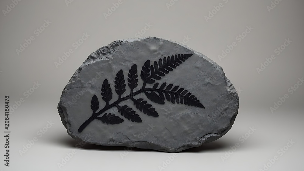 Naklejka premium Cross-section of grey slate rock with intricate black fern leaf mineral imprint.