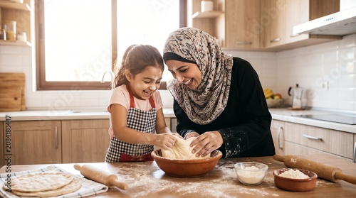 Happy Muslim mother and daughter kneading bread dough in a sunny kitchen