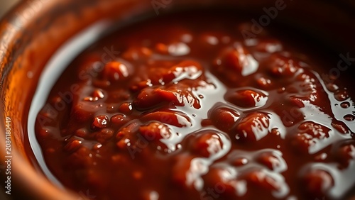 Dark red ancho chili sauce in a traditional Mexican clay bowl, rich texture.