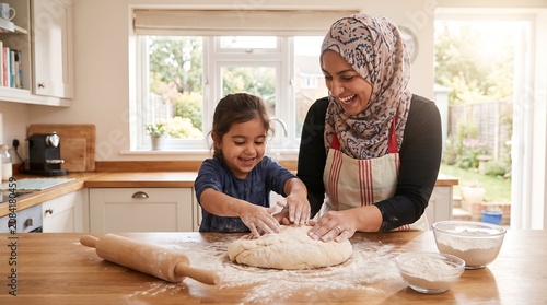 Happy Muslim mother and daughter kneading bread dough together in a bright kitchen