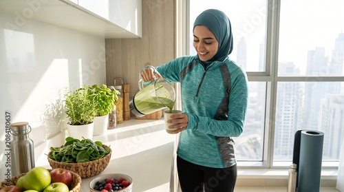 Healthy Muslim woman pouring green smoothie in modern kitchen after fitness routine