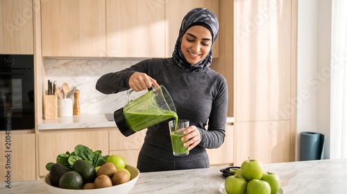 Smiling Muslim woman in sports hijab pouring healthy green smoothie in bright modern kitchen