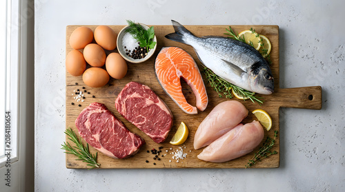 Flat lay of various high protein food assortment on wooden cutting board