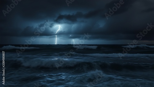 A dramatic night seascape with a lightning bolt illuminating stormy waves and clouds.