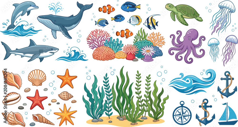 Fototapeta premium Marine life and nautical vector elements collection with whale shark dolphin sea turtle coral reefs and anchor for educational textbook design