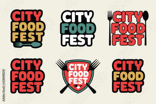 Urban culinary gathering event badges set featuring kitchen utensil silhouettes and bold typography layout for food festival branding.