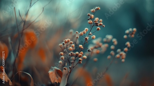 Dried plant seed heads teal and orange autumn floral macro photography