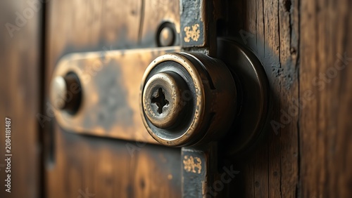 Close-up of a heavy, aged brass door lock, its bolt secured in the strike plate.