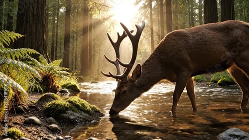 Large buck standing by a river in misty forest.