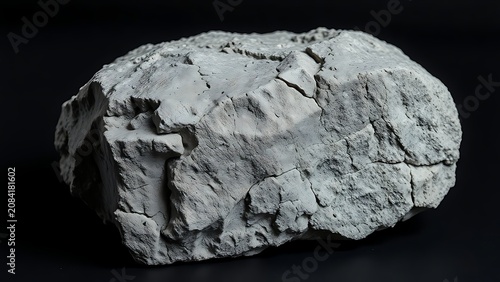 Rough gray stone with uneven edges on black surface, mineral specimen.