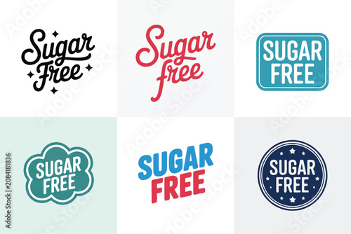 Collection of various sugar free typography logos with simple shapes for beverage packaging labels and healthy food product branding.