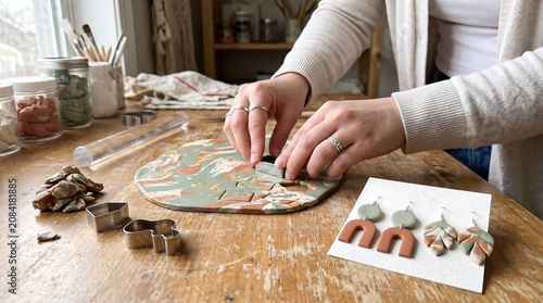 Woman jewelry designer creating custom clay earrings with metal cutters at wooden workbench