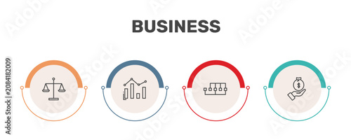business icon set with scale in balance, bar diagram, points connected chart, give money signs in flat outline style