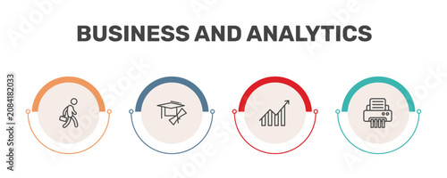 business and analytics icon set with employee going to work, graduation ceremony, charts, paper shredder signs in flat outline style