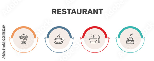 restaurant icon set with boiling water pan, breakfast cup, hot soup, decorated cake signs in flat outline style