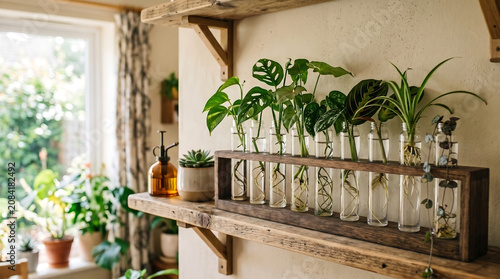 Plant propagation station with glass test tubes on a rustic wooden shelf