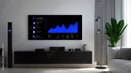 Modern living room interior with smart tv displaying dynamic blue graph
