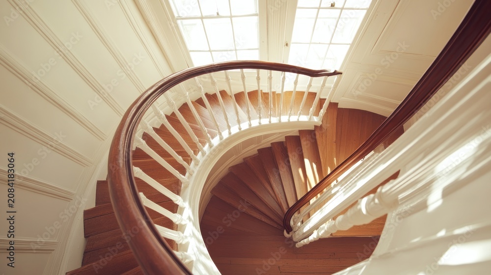 Fototapeta premium Sunlit wooden spiral staircase with white railing