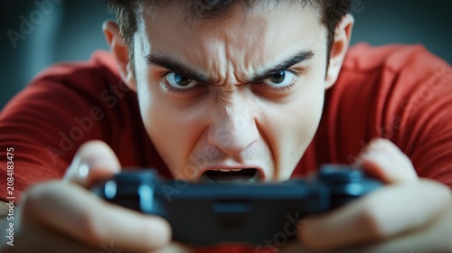 Focused gamer intensely playing video game close up