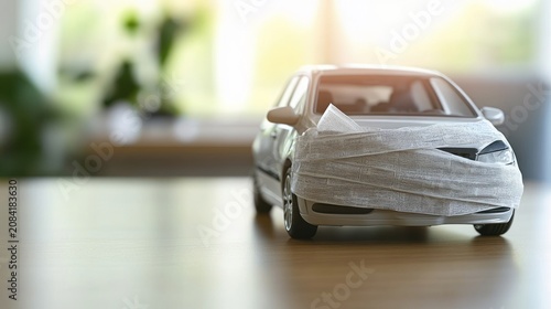 Small car model wrapped in paper insurance finance vehicle protection concept