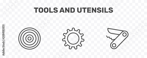 Fotografía tools and utensils icon set with target circles, , penknife signs in flat outlin