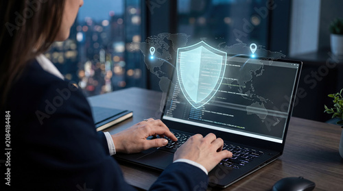 Over the shoulder hands on a laptop keyboard with a holographic shield and world map, cross border data residency and international privacy concept