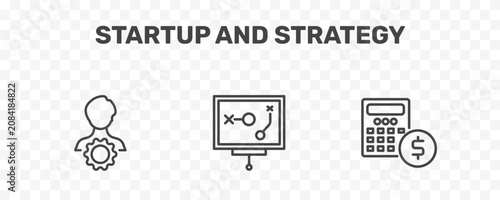 startup and strategy icon set with management, strategy sketch, budget signs in flat outline style