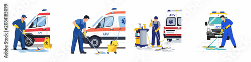 Foto Collection of illustrations showing a professional cleaner sanitizing and mopping around an ambulance to maintain hygiene and safety standards in emergency medical services