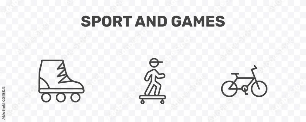 Fototapeta premium sport and games icon set with roller skate, boy with skatingboard, race bike signs in flat outline style
