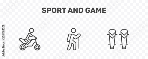 Fotografi sport and game icon set with motorbike riding, trekking, shin guards signs in fl