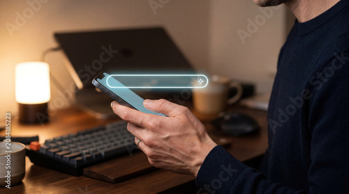 Hand holding a smartphone above a desk with a holographic empty prompt bar and sparkle icon, generative AI interface and prompt engineering concept