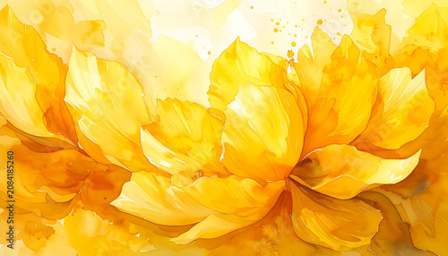 vibrant yellow chrysanthemum flower petals with watercolor texture, soft light, and bokeh effect, ideal for spring themes or elegant backgrounds