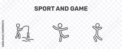 Obraz na płótnie sport and game icon set with fisher fishing, dancer motion, dancing motion signs