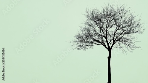 Leafless tree silhouette against pale green background minimalist nature design