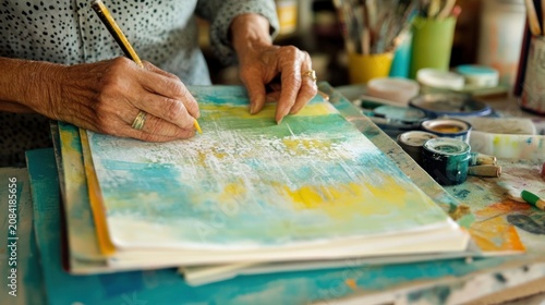 Closeup of hands sketching on abstract painting textured yellow and blue hues