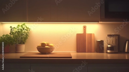 Illuminated kitchen countertop with lemons cutting board and appliances