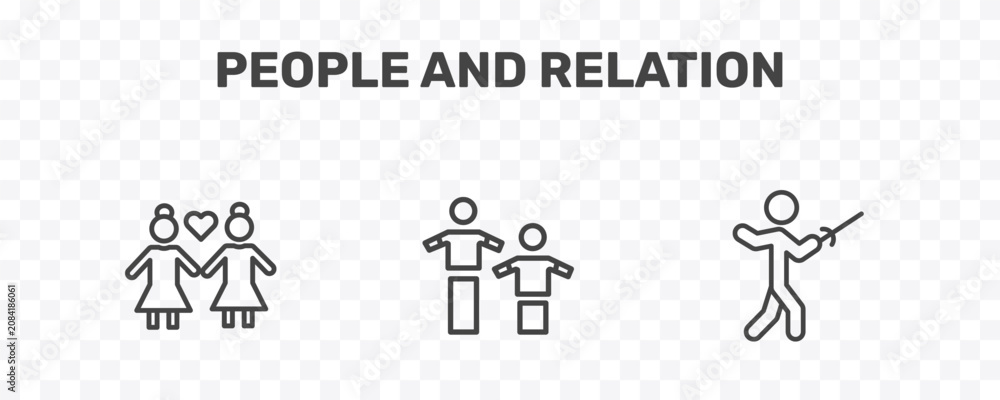 Fototapeta premium people and relation icon set with lesbian couple, team work success, fencing attack signs in flat outline style