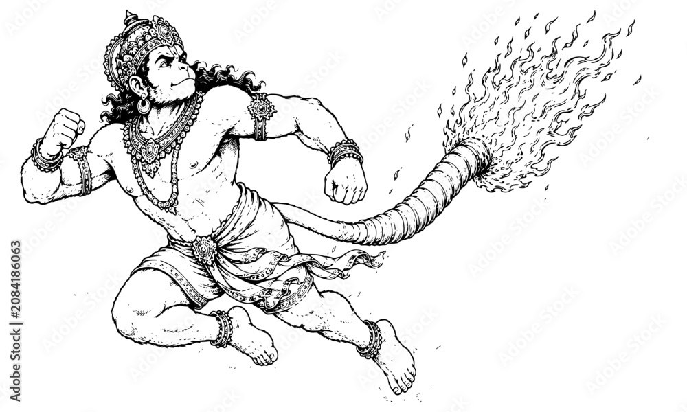 Fototapeta premium Lord Hanuman Flying with His Burning Tail Over Lanka Ramayana Monochrome Illustration
