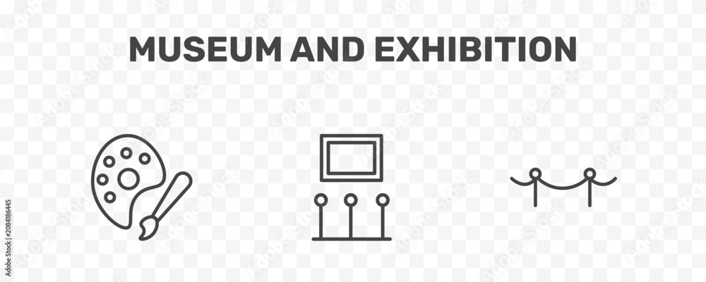 Fototapeta premium museum and exhibition icon set with palette, exhibition, museum fencing signs in flat outline style