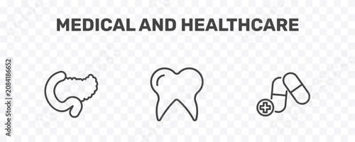 Bild auf Leinwand medical and healthcare icon set with pancreas, molar tooth, medicine capsules si