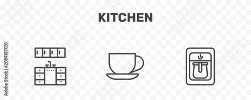Bild auf Leinwand kitchen icon set with kitchen cabinet, tea cup, coffee maker signs in flat outli
