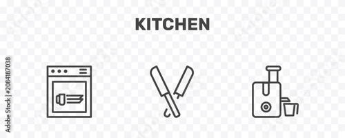 Foto kitchen icon set with dishwasher, knives, juicer signs in flat outline style