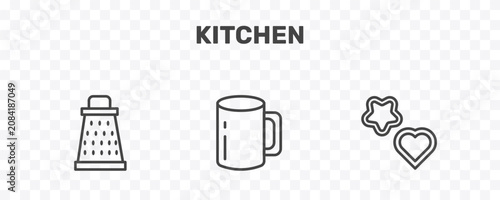 Konstfotografi kitchen icon set with grater, mug, cookie cutter signs in flat outline style