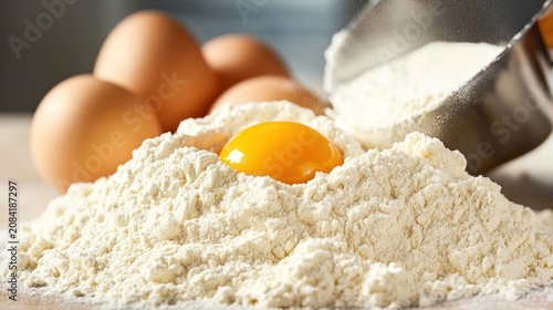 Egg yolk in flour mound baking ingredient close up