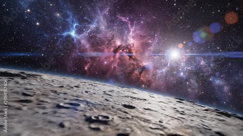 Lunar surface landscape with colorful nebula and starry galaxy.