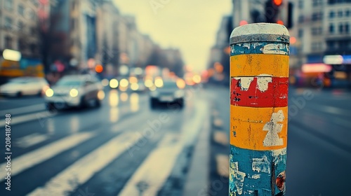 Weathered bollard in blurred urban street scene daytime