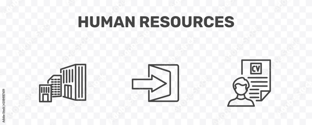 Obraz premium human resources icon set with company, quit, cv signs in flat outline style